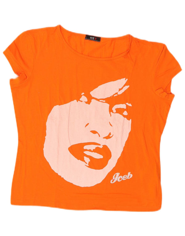 Iceberg Γυναικείο γραφικό T-Shirt Top UK 18 XL Πορτοκαλί βαμβακερό