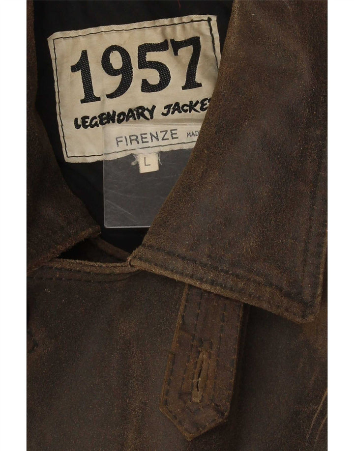 Legendary Jacket 1957 Mens Double Breasted Leather Coat UK 40 Large Brown