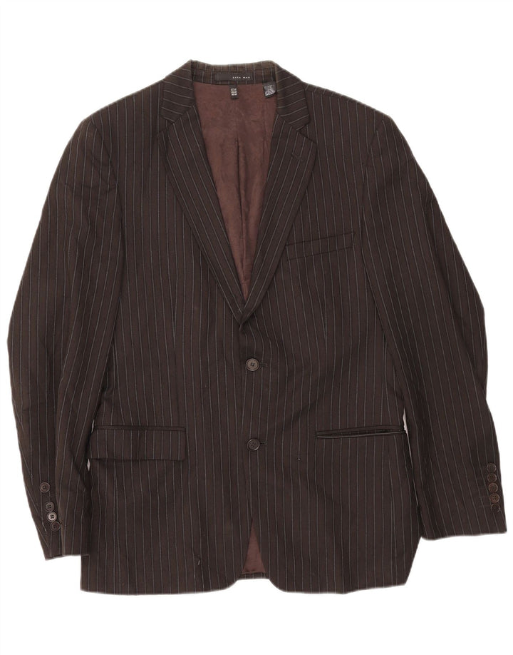 Zara Mens 2 Button Blazer Jacket EU 50 Medium Brown Pinstripe Rayon