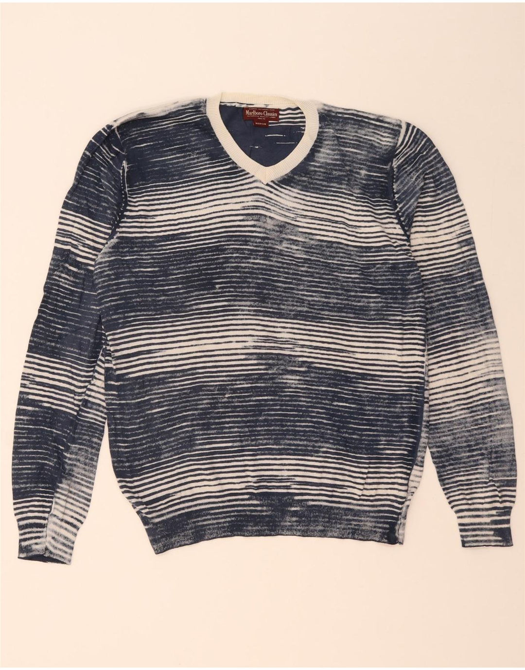 Marlboro Classics Mens V-Neck Jumper Sweater Medium Navy Blue Pinstripe