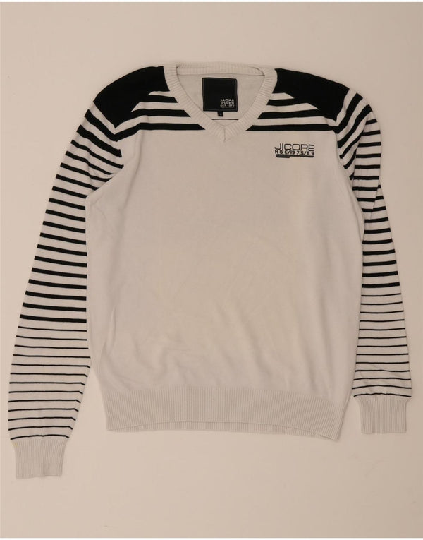 Jack & Jones Herren-Pullover mit V-Ausschnitt, Größe L, Weiß, Farbblock
