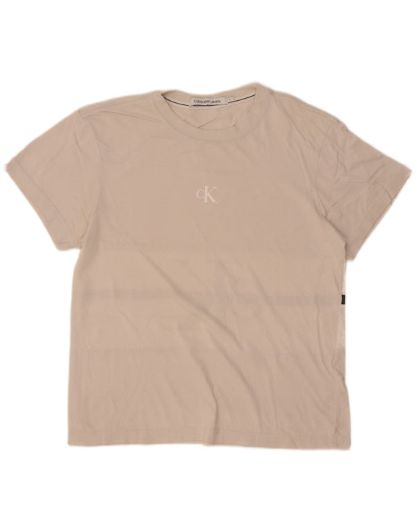 Calvin Klein Jeans Mens Graphic T-Shirt Top Small Beige Colourblock Cotton