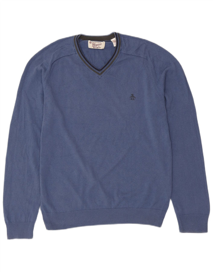 PENGUIN Mens V-Neck Jumper Sweater Large Blue Cotton