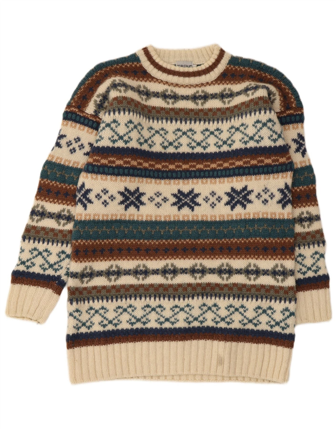 Vintage Mens Crew Neck Jumper Sweater Medium Beige Fair Isle Wool