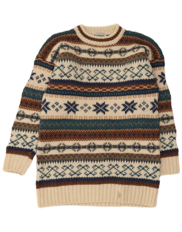 Vintage Mens Crew Neck Jumper Sweater Medium Beige Fair Isle Wool
