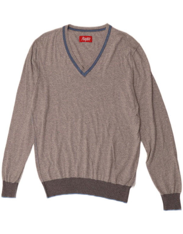 Maglione maglione con scollo a V da donna Playlife UK 16 Grande cotone screziato grigio