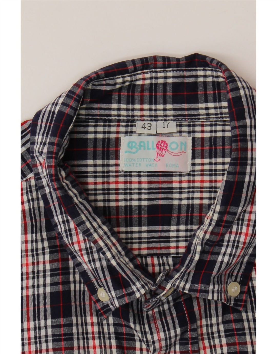 Balloon Mens Shirt Size 43 17 XL Navy Blue Check Cotton