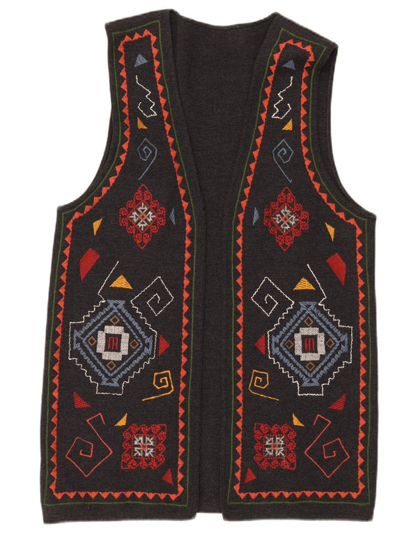 Vintage damski sweter bez rękawów z otwartym kardiganem UK 16, duży szary geometryczny