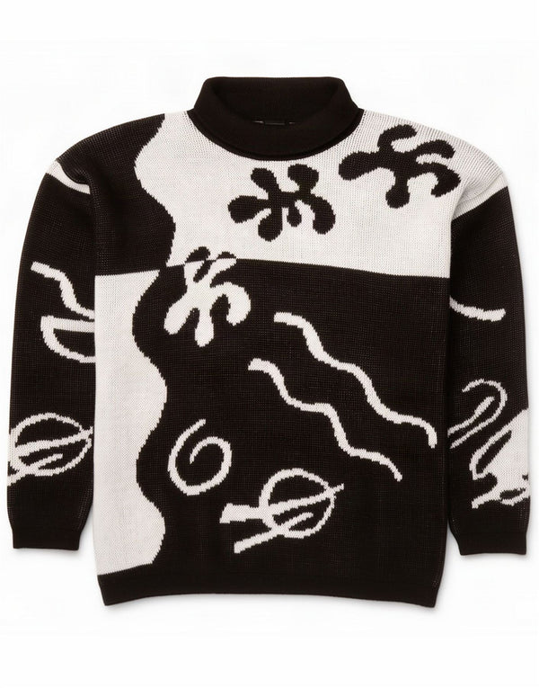 Vintage Mens Abstract Pattern Roll Neck Jumper Sweater XL Black Colourblock