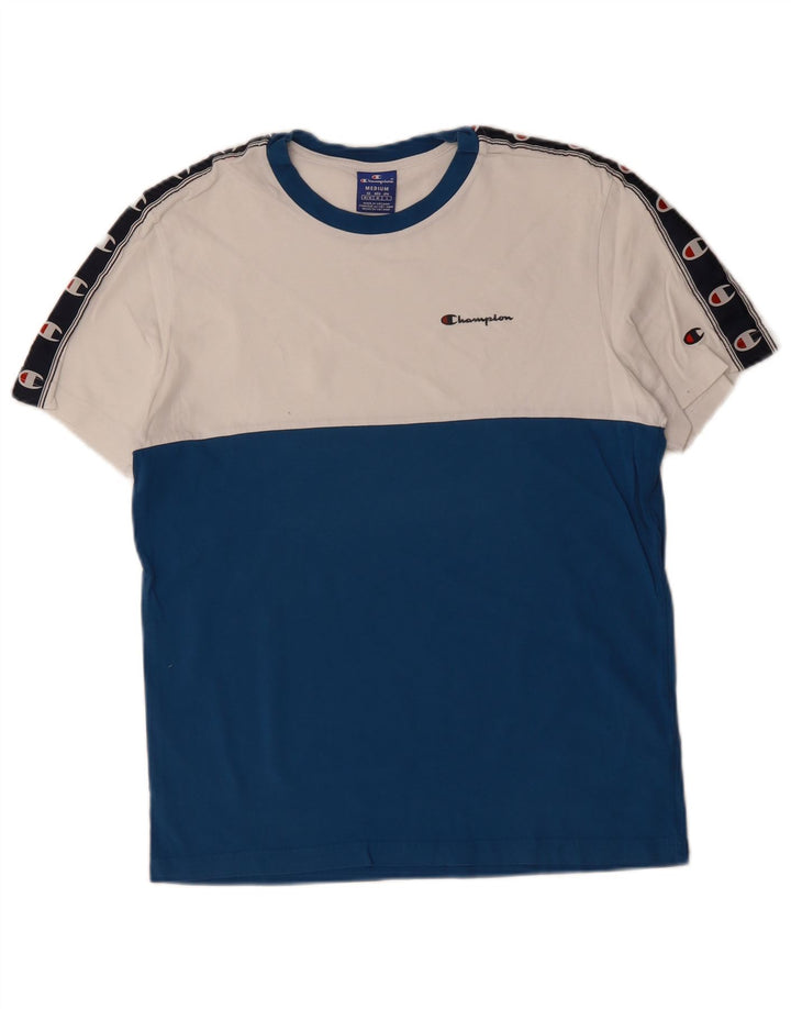 Champion Mens Graphic T-Shirt Top Medium Blue Colourblock Cotton