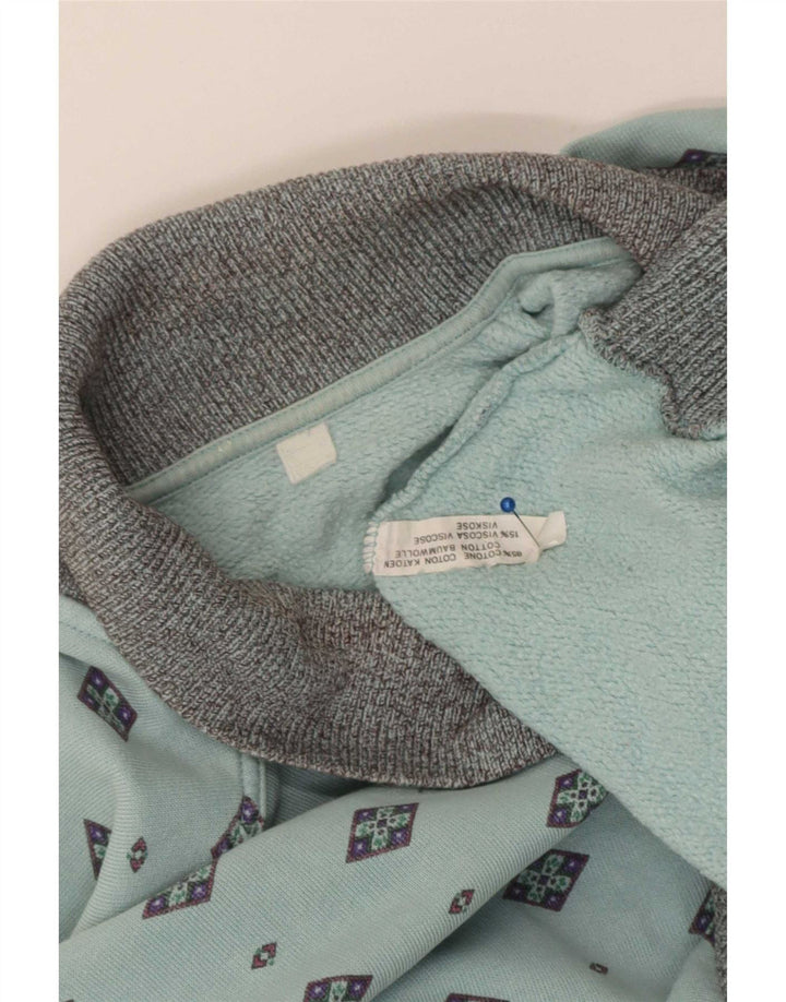 Vintage Mens Polo Neck Sweatshirt Jumper Medium Blue Geometric Cotton