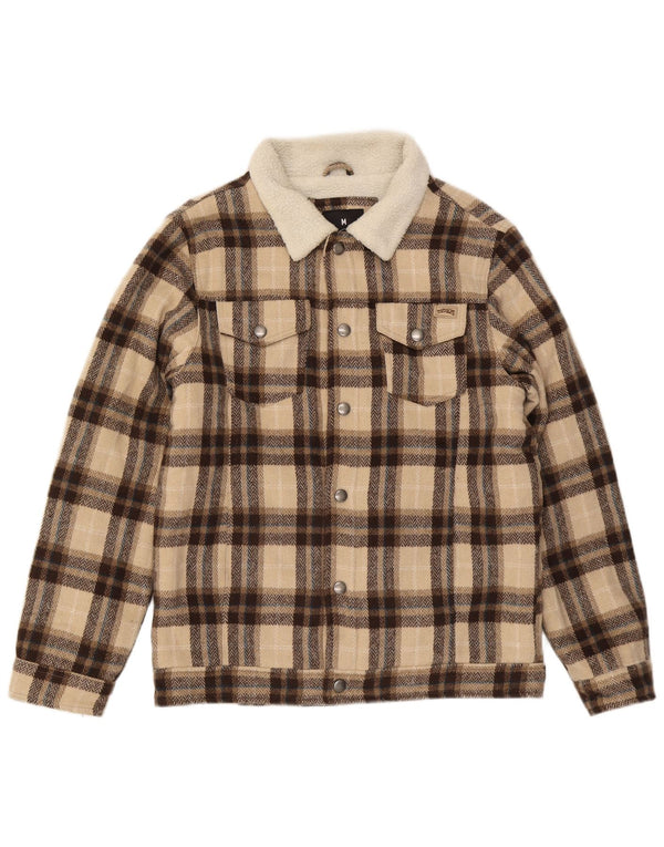 Jaqueta Sherpa masculina vintage UK 38 poliéster xadrez bege médio