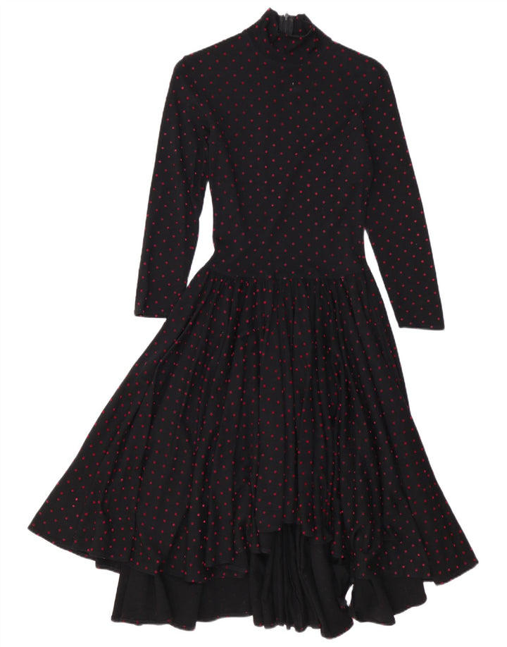 Vintage langærmet maxikjole til kvinder EU 38 Medium Sort Polka Dot Uld
