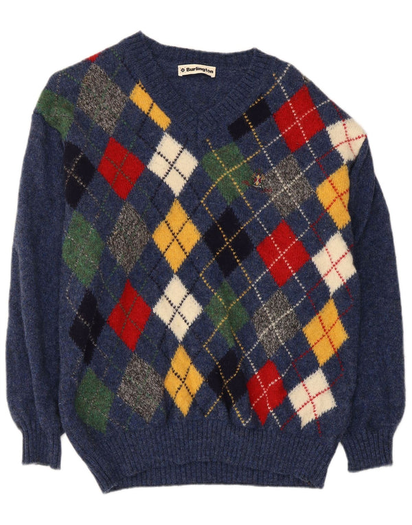 Maglione da uomo Burlington con scollo a V, lana vergine blu medio a rombi/diamante
