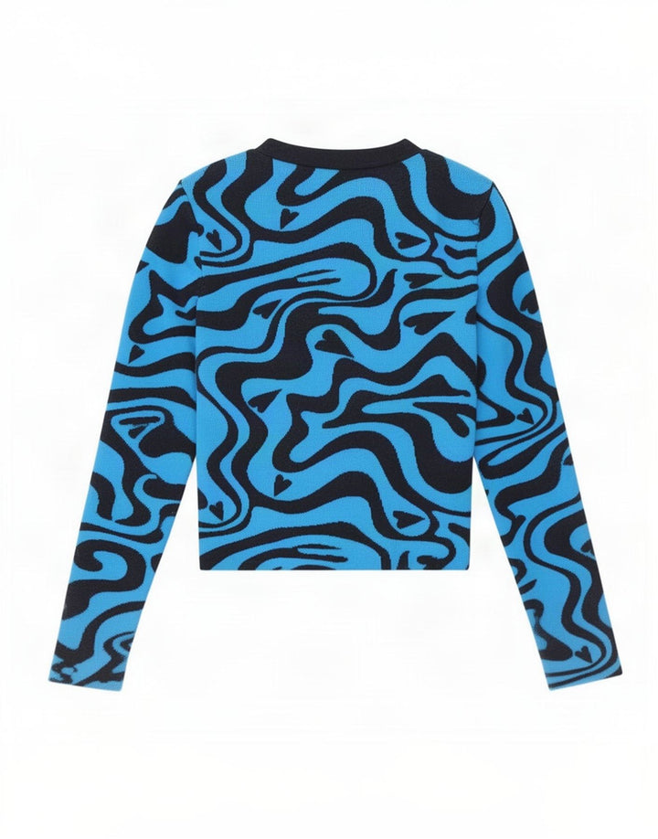 Zara Mujer Top Corto Con Estampado Abstracto Manga Larga UK 8 Small Poliéster Azul