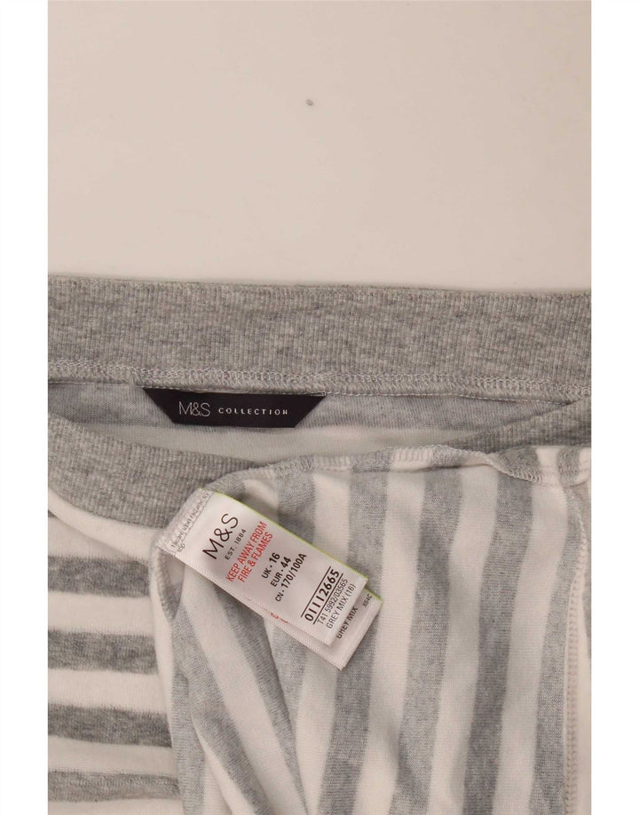 Marks & Spencer Womens Top Long Sleeve UK 16 Large Grey Striped Cotton