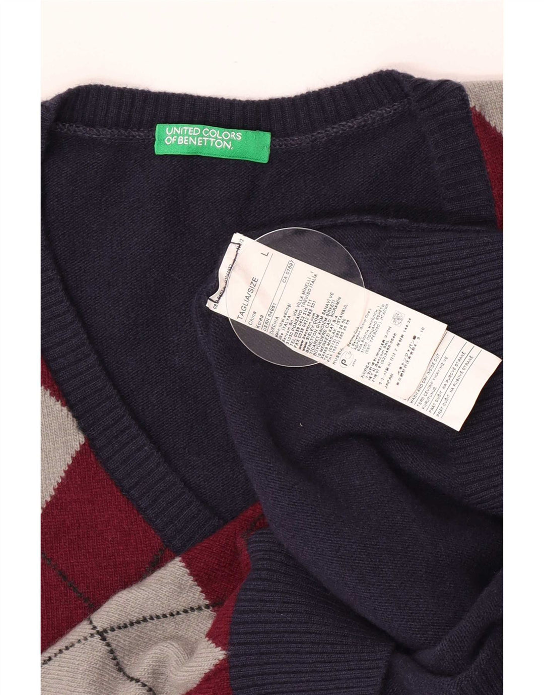 Benetton Mens V-Neck Jumper Sweater Large Navy Blue Argyle/Diamond Wool