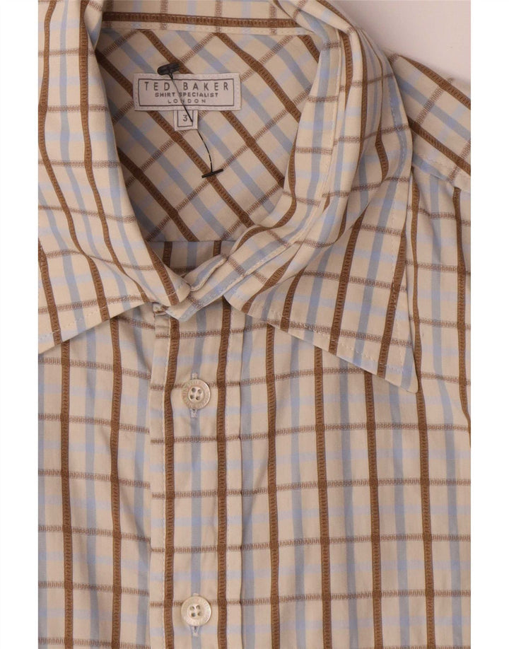 Ted Baker Mens Shirt Size 3 Medium Beige Check Cotton