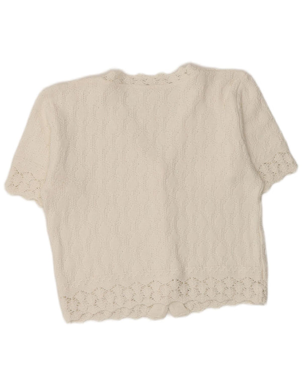 vintage Womens Crop Short Sleeve Cardigan Sweater UK 12 Moyen Blanc Coton