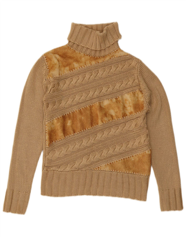 Vintage Womens Roll Neck Jumper Sweater UK 12 Medium Brown Colourblock