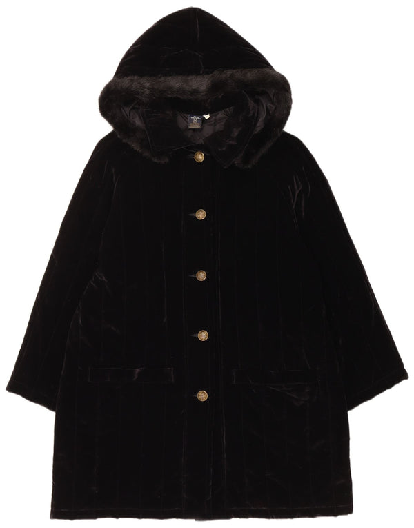 Club Voltaire Dame Hooded Velvet Polstret Frakke UK 18 XL Sort Bomuld