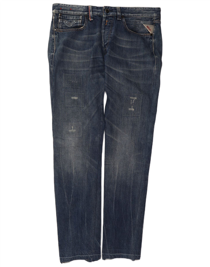 Replay Mens Distressed Slim Jeans W34 L34 Blue Cotton
