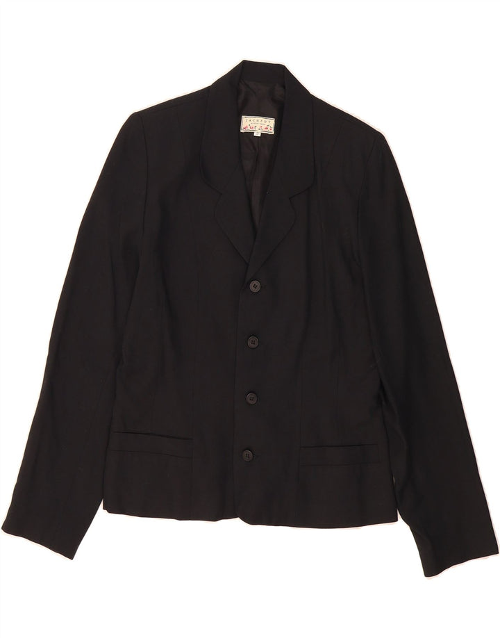 JACKPOT Womens 4 Button Blazer Jacket UK 14 Medium Black Viscose Vintage Jackpot and Second-Hand Jackpot from Messina Hembry 