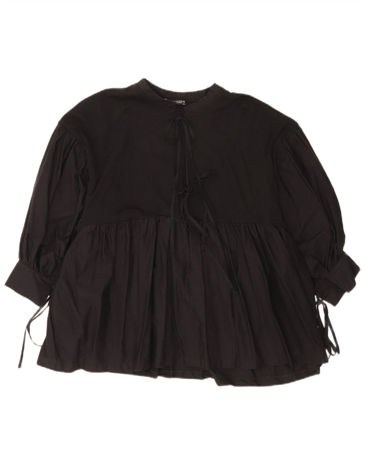 Zara Womens 3/4 Sleeve Blouse Top UK 14 Medium Black Cotton