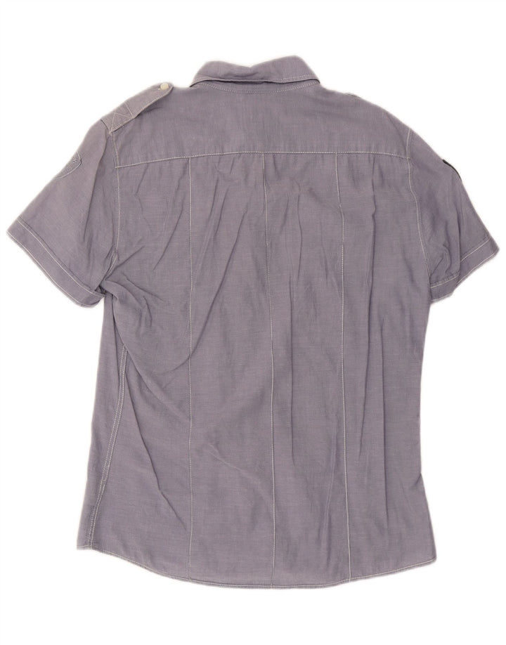 BLAUER Mens Short Sleeve Military Shirt Large Blue Cotton