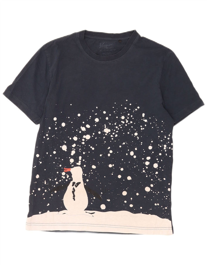 Penguin Mens Graphic T-Shirt Top Medium Navy Blue Colourblock Cotton