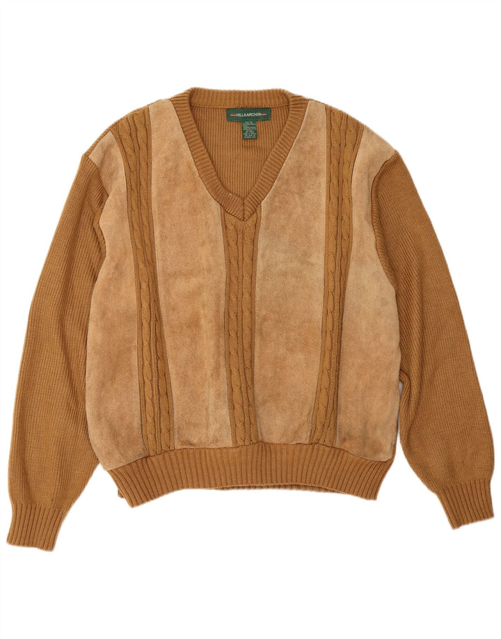 Mens Suede V-Neck Jumper Sweater XL Beige Acrylic