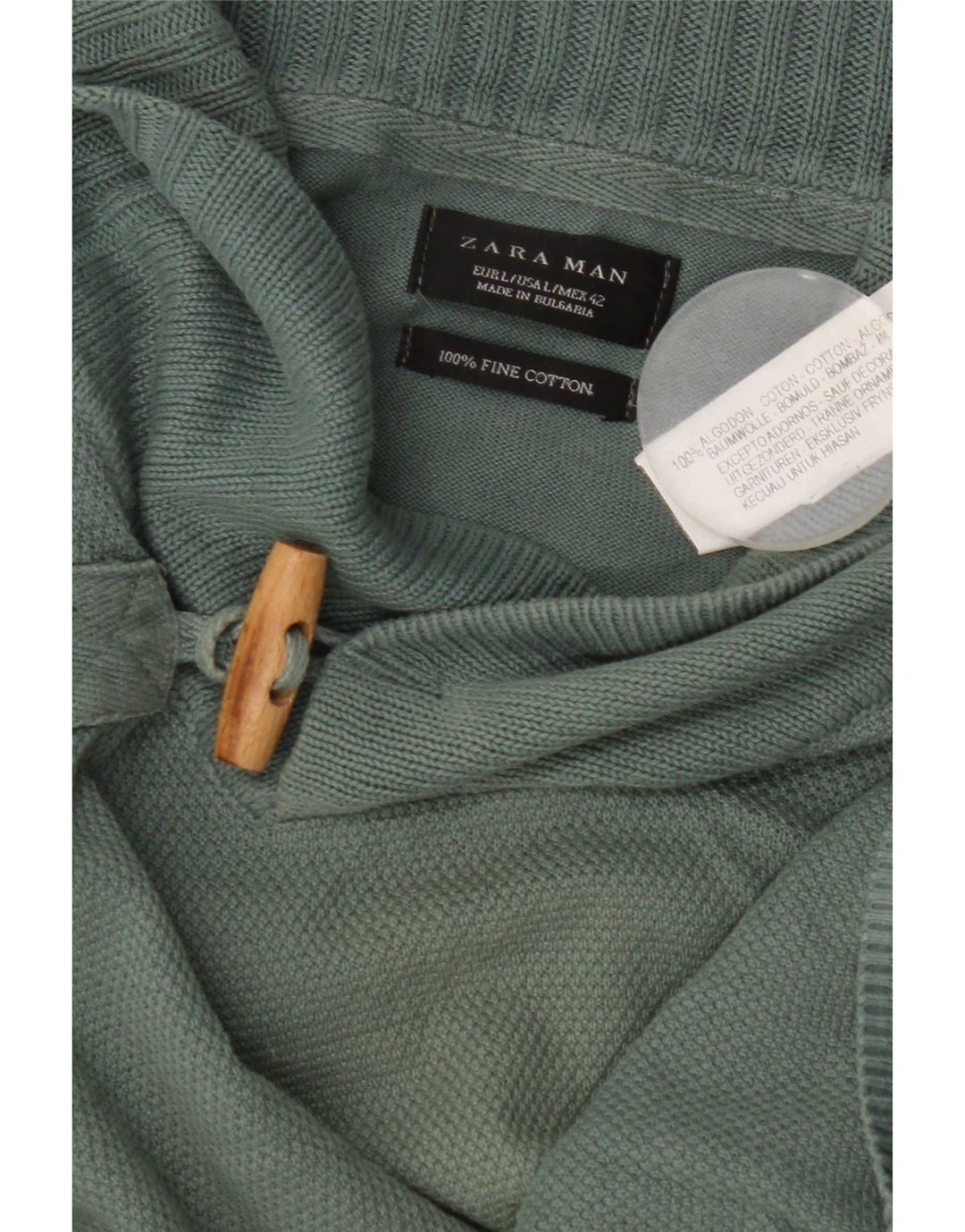Zara Mens Shawl Neck Jumper Sweater Large Green Cotton