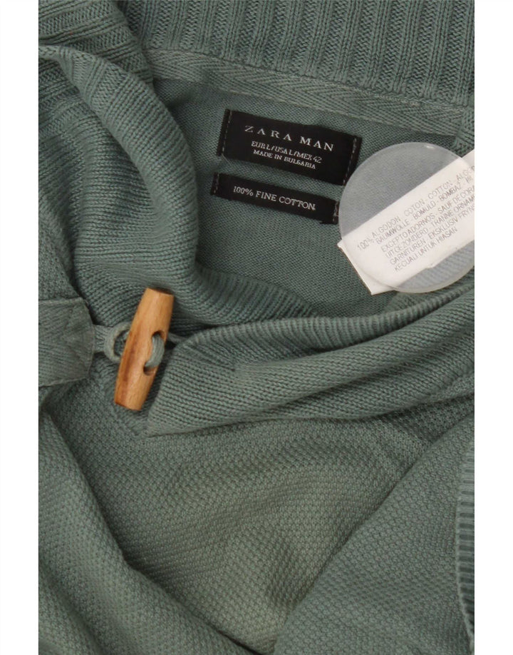 Zara Mens Shawl Neck Jumper Sweater Large Green Cotton