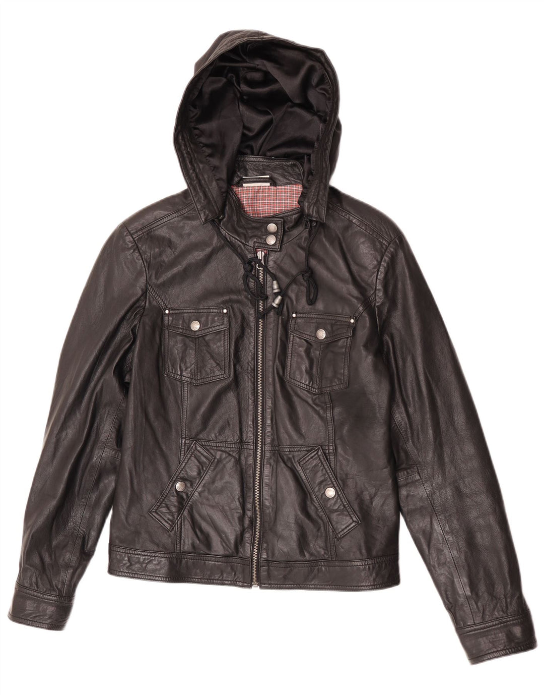 Street One Womens Hooded Leather Jacket UK 14 Medium Black Leather