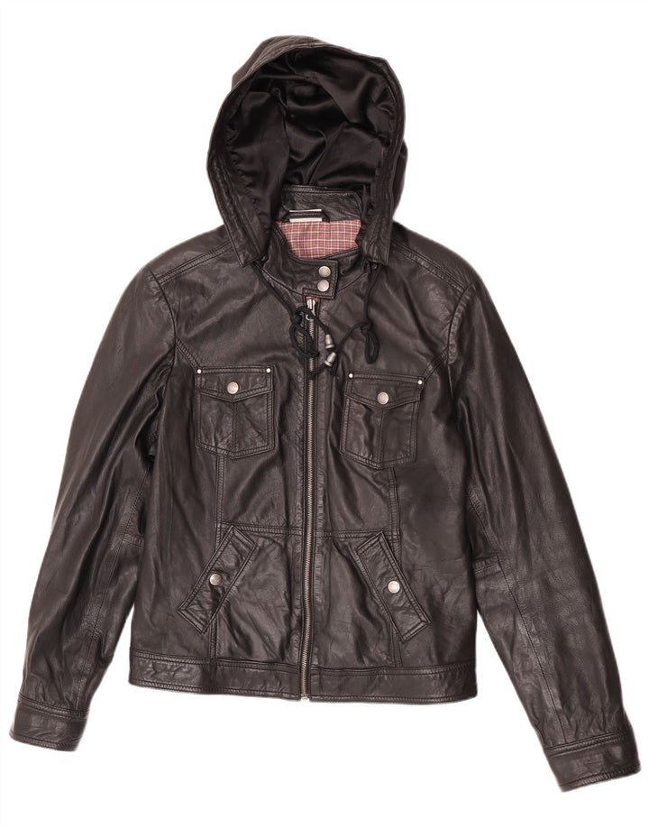 Street One Womens Hooded Leather Jacket UK 14 Medium Black Leather