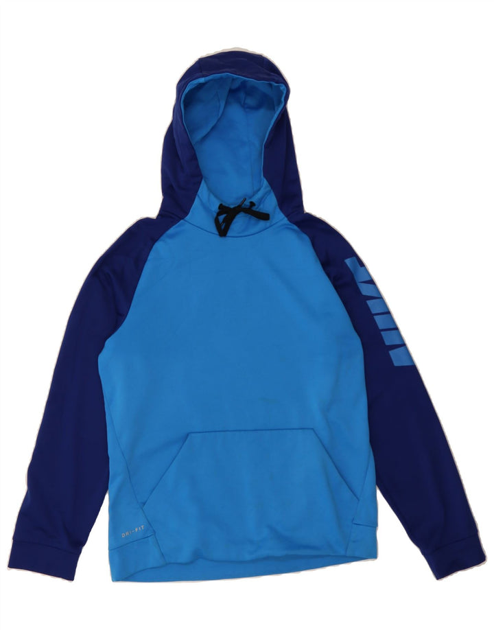 NIKE Mens Dri Fit Graphic Hoodie Jumper Small Blue Colourblock Polyester Vintage Nike and Second-Hand Nike from Messina Hembry 