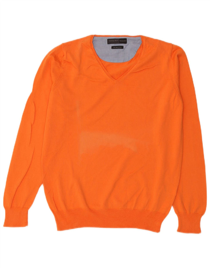 Zara Mens V-Neck Jumper Sweater Medium Orange Cotton