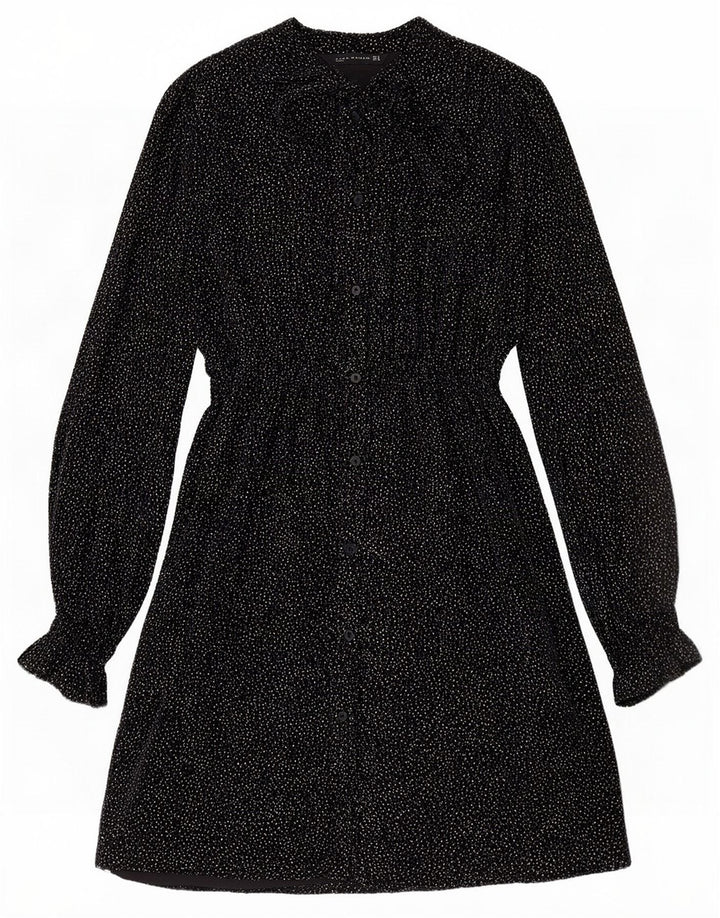 Zara Womens Front Tie Shirt Dress UK 14 Medium Black Spotted