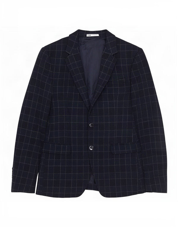 Zara Mens 2 Button Blazer Jacket EU 46 Small Navy Blue Check Polyester