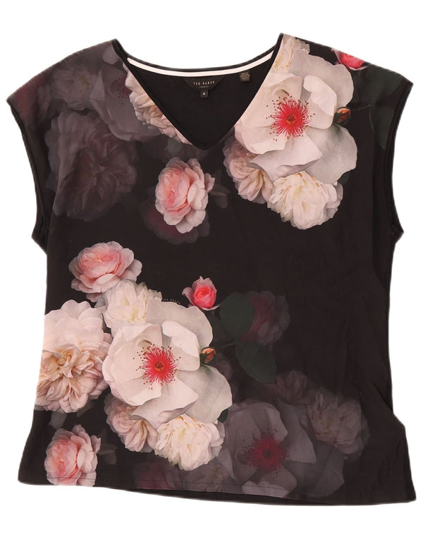 Ted Baker Womens Blouse Top Size 4 Large Black Floral Polyester