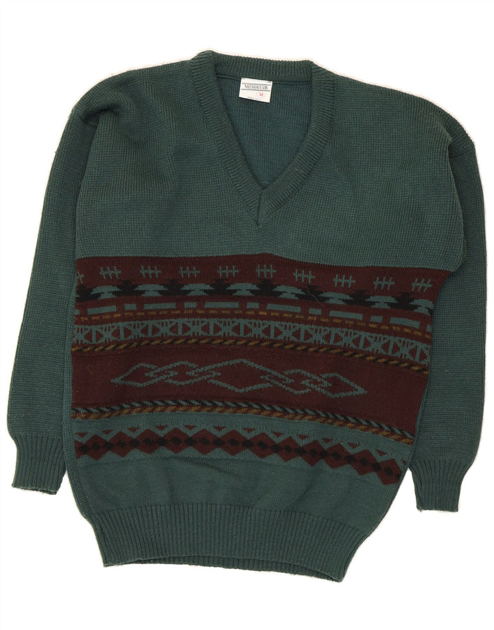 VINTAGE Mens V-Neck Jumper Sweater Medium Green Geometric Acrylic Vintage Vintage and Second-Hand Vintage from Messina Hembry 