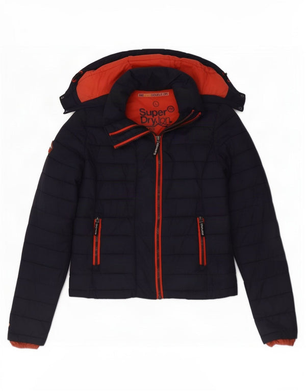 Superdry Veste matelassée à capuche pour femme UK 16 Large Bleu Marine Nylon