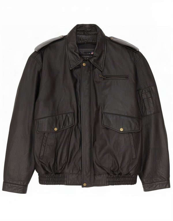 Vintage hombres chaqueta de cuero militar Reino Unido 42 XL negro
