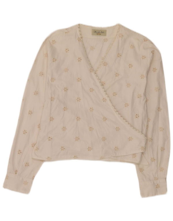 Vintage Womens Long Sleeve Wrap Blouse Top IT 46 Large White Floral Cotton