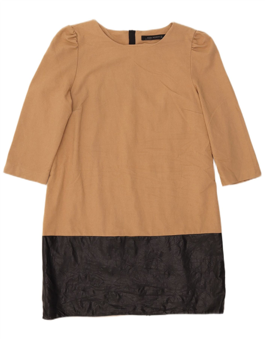 Zara Womens 3/4 Sleeve Shift Dress UK 14 Large Beige Colourblock Polyester