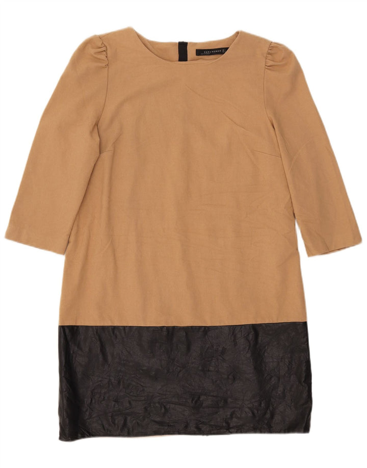 Zara Womens 3/4 Sleeve Shift Dress UK 14 Large Beige Colourblock Polyester