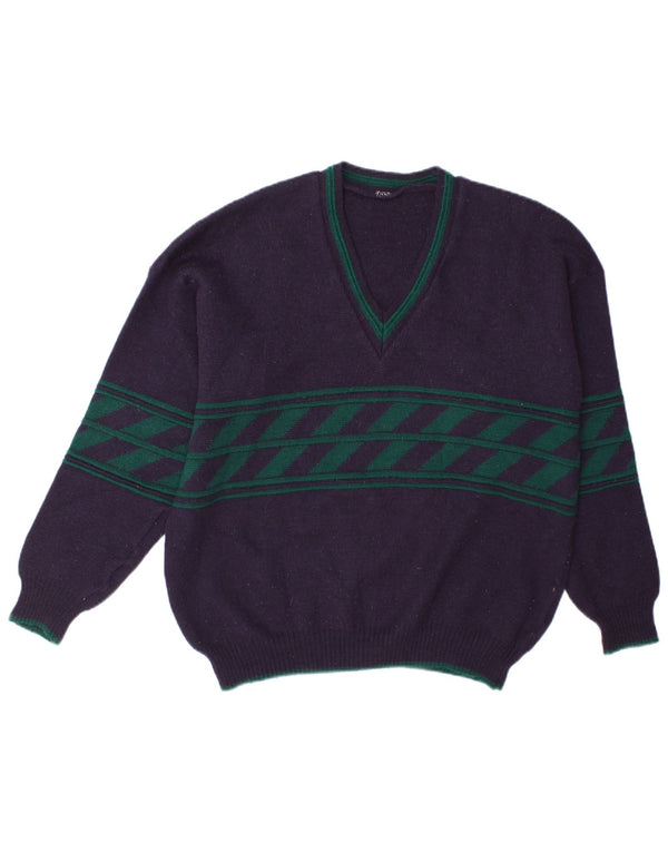 Vintage herre V-hals sweater stor marineblå stribet