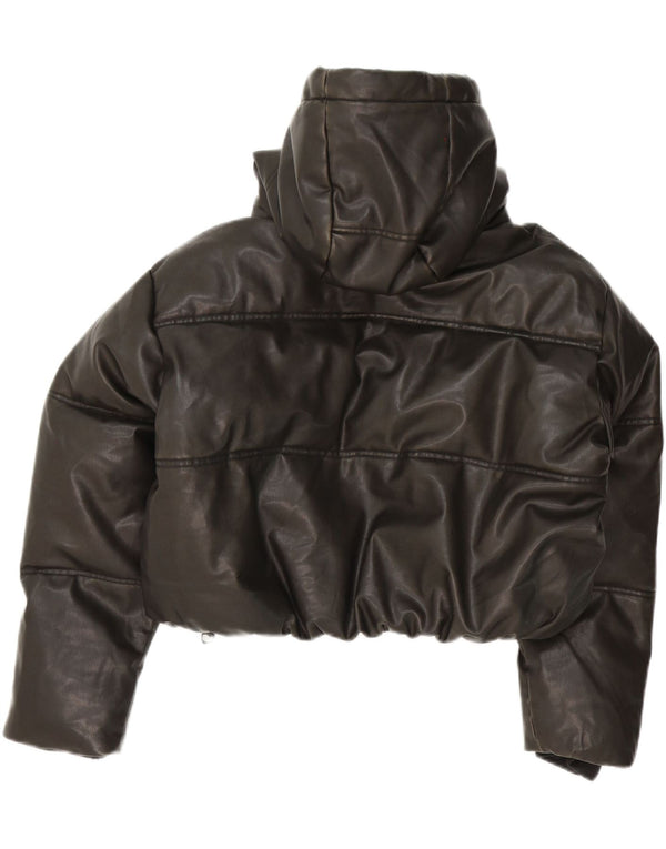 Zara Dame Oversized Hætte i imiteret læder polstret jakke UK 14 Medium Sort