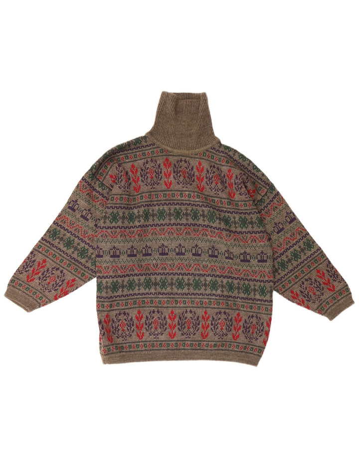 vintage Mens Roll Neck Jumper Pull Petit Gris Fair Isle Laine