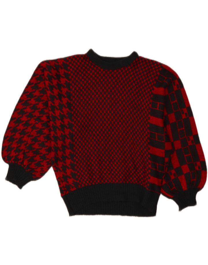 Vintage Womens Boat Neck Jumper Sweater UK 14 Large Red Patchwork Acrylic